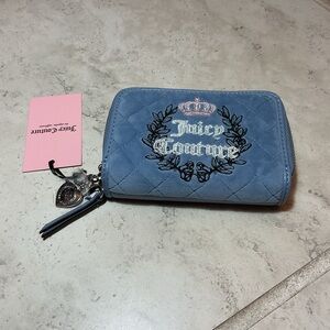 Juicy Couture Quilted Blue velour Wallet with Embroidered logo and crown detail.